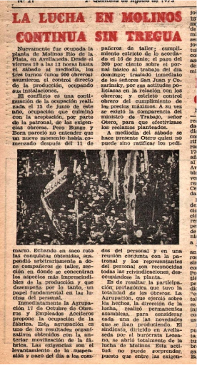 Fragmento de publicación de diario títulado; La lucha en Molinos continúa sin tregua
