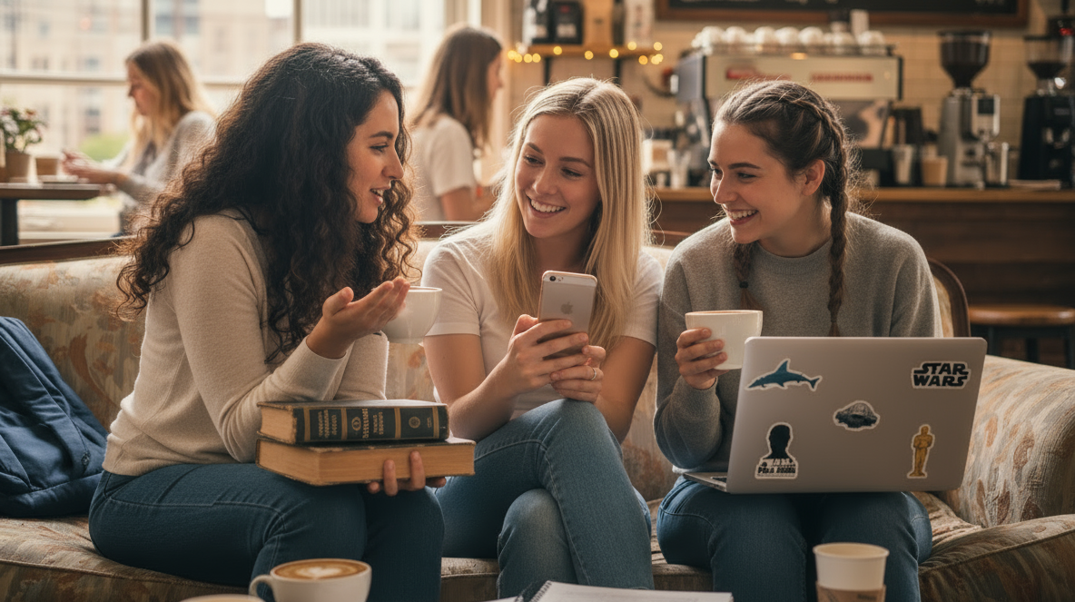 Tres chicas jóvenes conversando y riendo en una cafetería, mientras toman café y miran un teléfono, con libros y una laptop sobre la mesa.